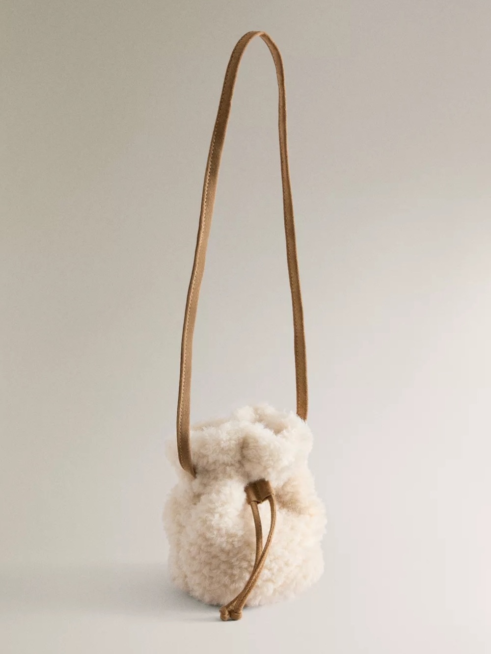 Zara Cream Shearling Drawstring Crossbody Bag with Tan Strap